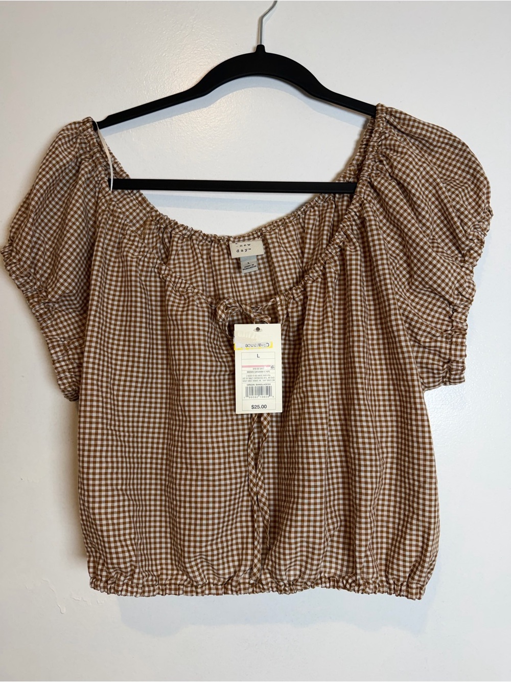 a new day Brown Gingham Peasant Crop Top